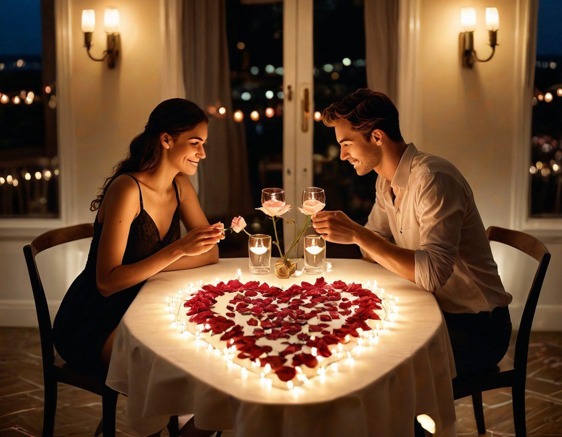 A warm, romantic setting featuring two people engaged in a deep conversation at a candlelit dinner table, surrounded by soft rose petals and glowing fairy lights. A heart-shaped dessert lies between them, symbolizing love and connection. Include subtle hints of compatibility such as zodiac signs on the table. dreamy, intimate, vibrant colors.