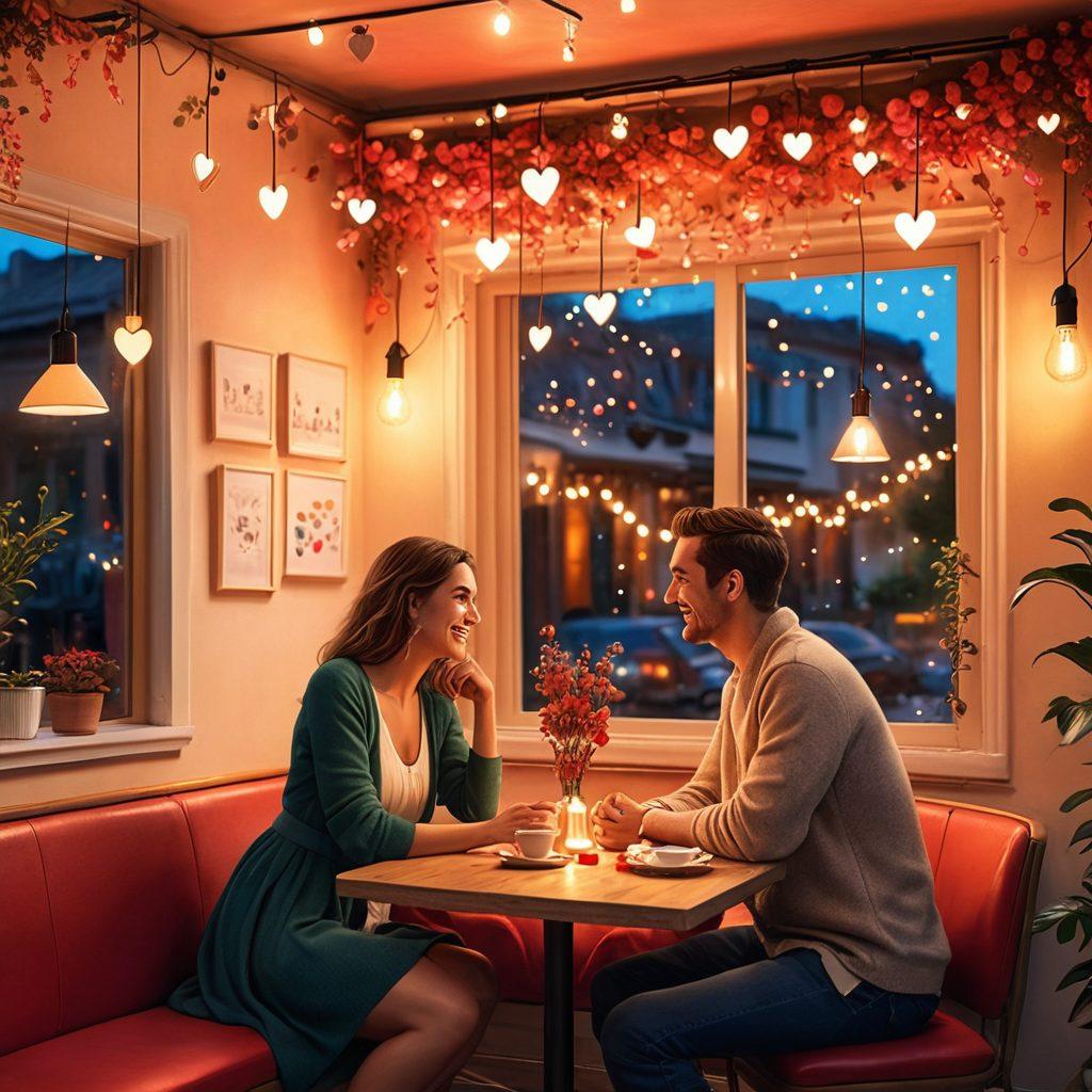A warm, inviting scene depicting a couple sharing a playful, affectionate moment in a cozy cafe, surrounded by soft lighting and heart-themed decor. Include subtle elements representing communication and connection, like speech bubbles or hearts floating around them. The couple should be engaged in light flirting, exuding love and positivity. Use vibrant colors to evoke warmth and happiness. super-realistic. warm tones. cozy atmosphere.