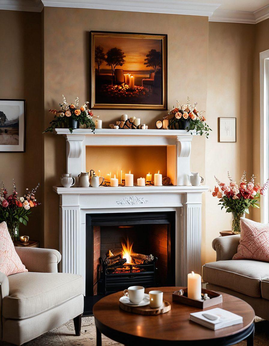 A warm, inviting scene of a couple embracing in a cozy, softly lit living room, surrounded by symbols of love like hearts, candles, and blooming flowers. Include a fireplace with a gentle glow, and perhaps a coffee table with two steaming mugs. The atmosphere should feel intimate and passionate, inviting the viewer to explore the essence of a healthy relationship. super-realistic. warm colors. soft focus.